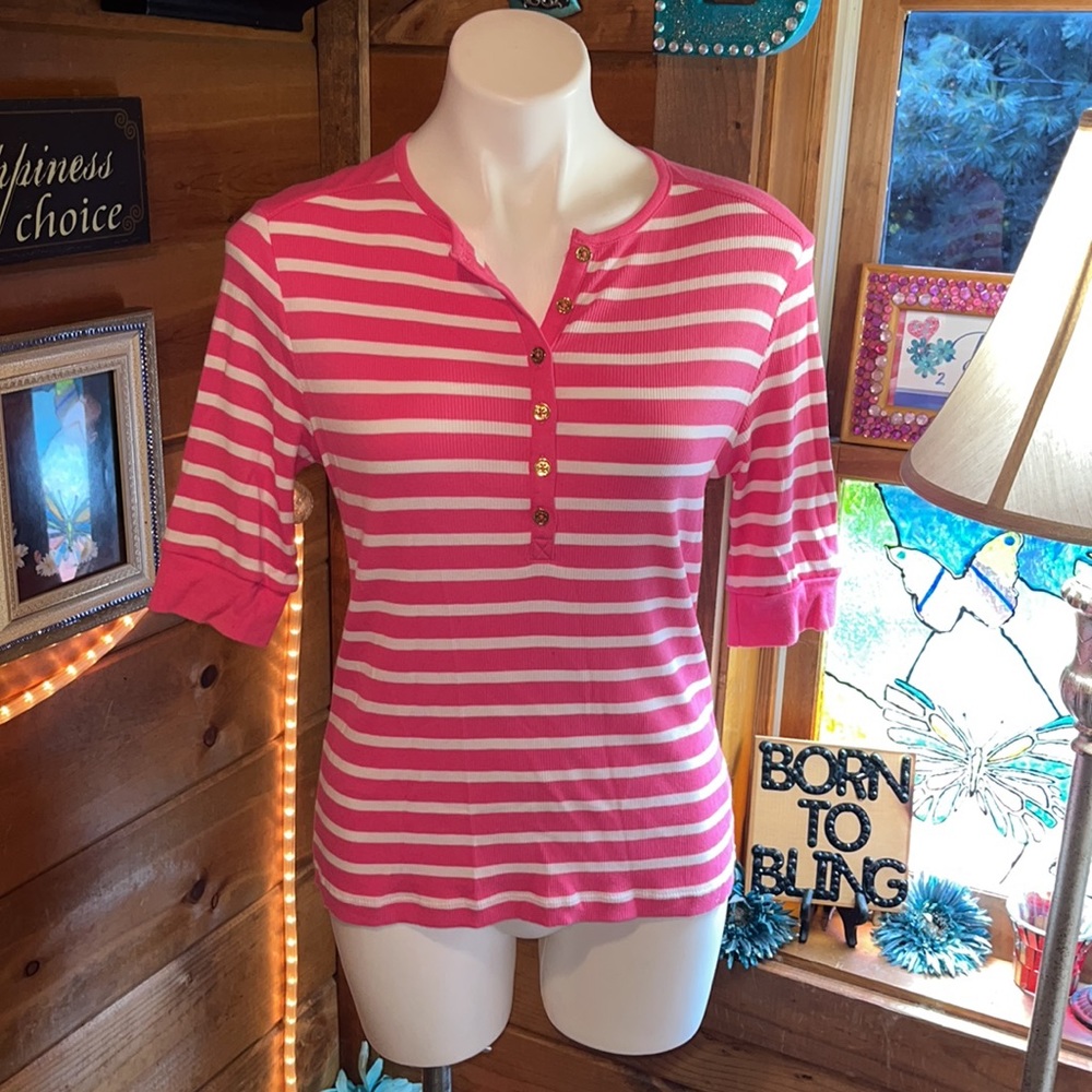 Chaps Petite Large Pink striped shirt